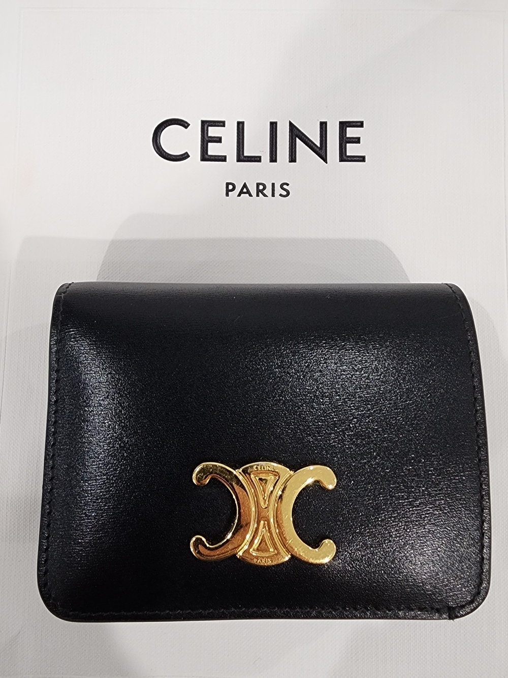 Celine Black Leather Triomphe Compact Wallet with Gold Hardware